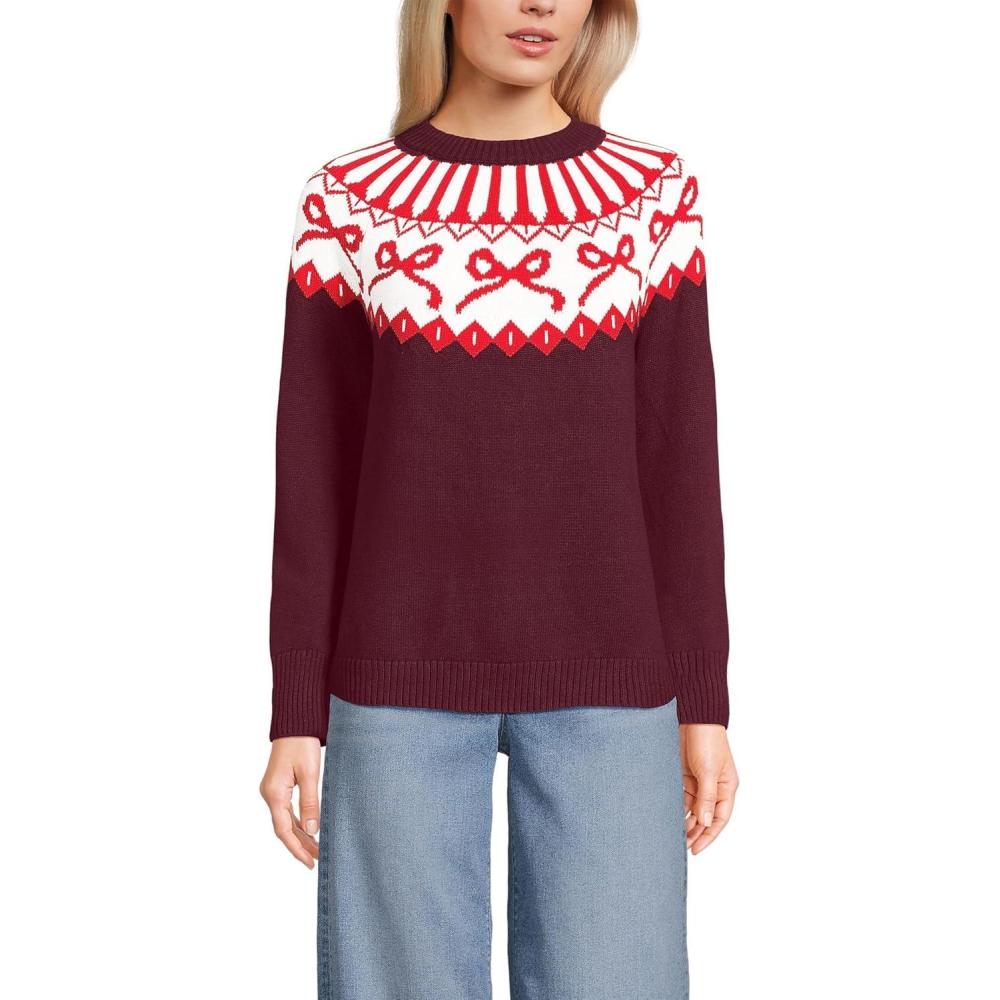 imageLands End Womens Drifter Jacquard Raglan Crew Neck SweaterBurgundy Bow Fairisle