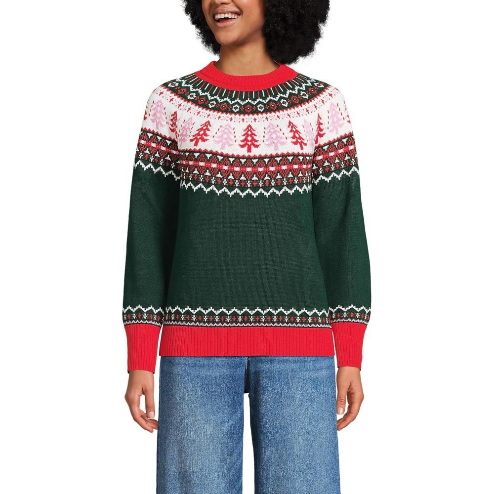 imageLands End Womens Drifter Jacquard Raglan Crew Neck SweaterTreesGreen and Red