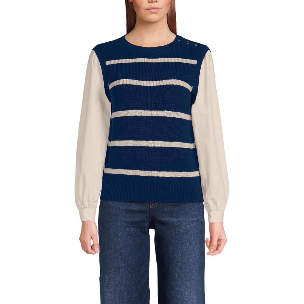 imageLands End Womens Drifter Shaker Button Shoulder Sweater Vest with Poplin SleevesDeep Sea NavyChampagne Stripe