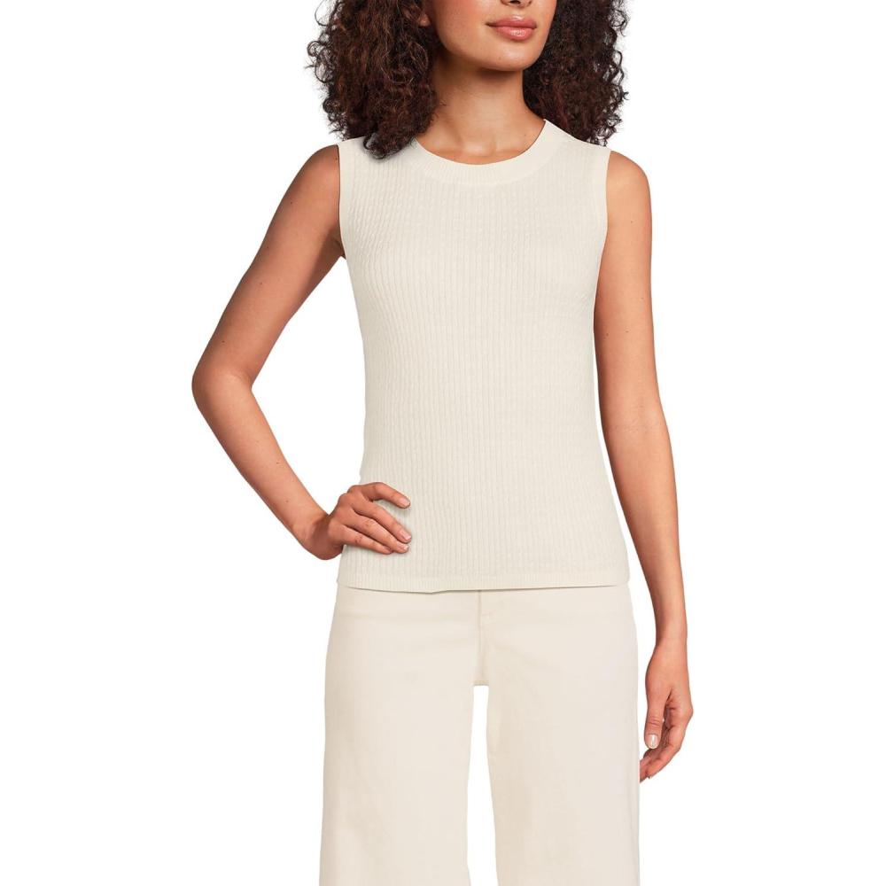 imageLands End Womens Fine Gauge Baby Cable Crew Neck Sleeveless SweaterFresh Ivory