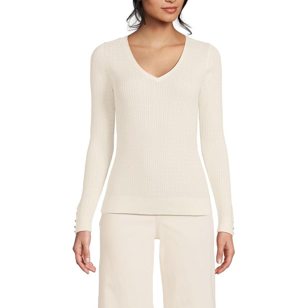 imageLands End Womens Fine Gauge Cotton Baby Cable Vneck SweaterFresh Ivory