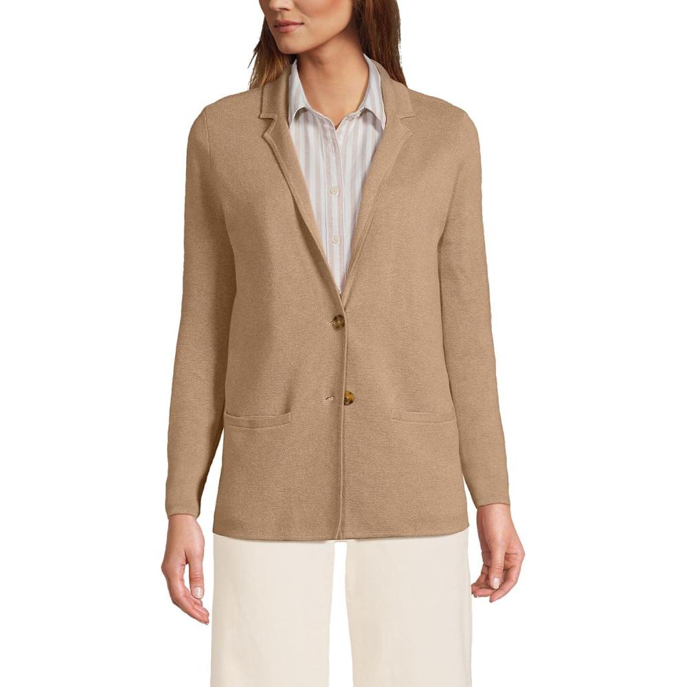 imageLands End Womens Fine Gauge Cotton Button Front Blazer SweaterVicuna Heather