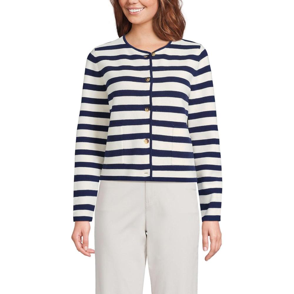 imageLands End Womens Fine Gauge Cotton Milano Blazer SweaterFresh IvoryNavy Breton Stripe