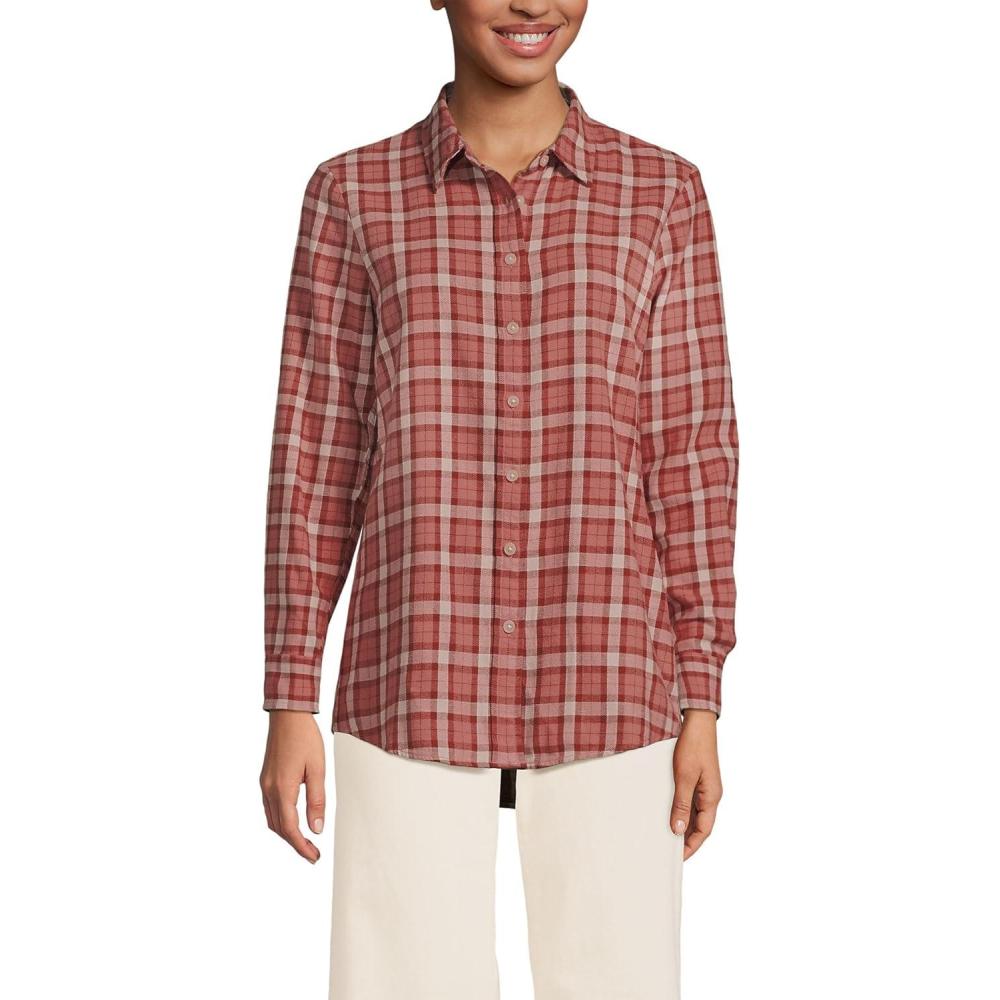 imageLands End Womens Flannel Boyfriend Fit Long Sleeve ShirtSea Coral Small Plaid
