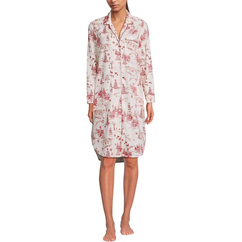 imageLands End Womens Flannel Long Sleeve Sleepshirt NightgownIvoryRed Winter Village