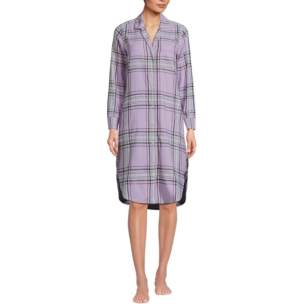imageLands End Womens Flannel Long Sleeve Sleepshirt NightgownWhisper LilacIvory Plaid