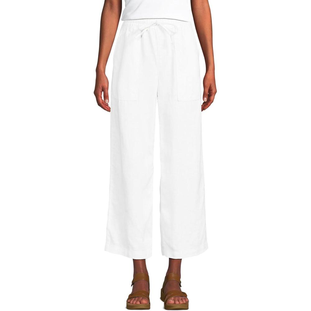 imageLands End Womens High Rise Pull On Drawstring Linen Wide Leg Crop PantsWhite