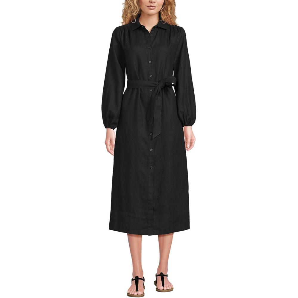 imageLands End Womens Linen Long Sleeve Midi Shirt DressBlack