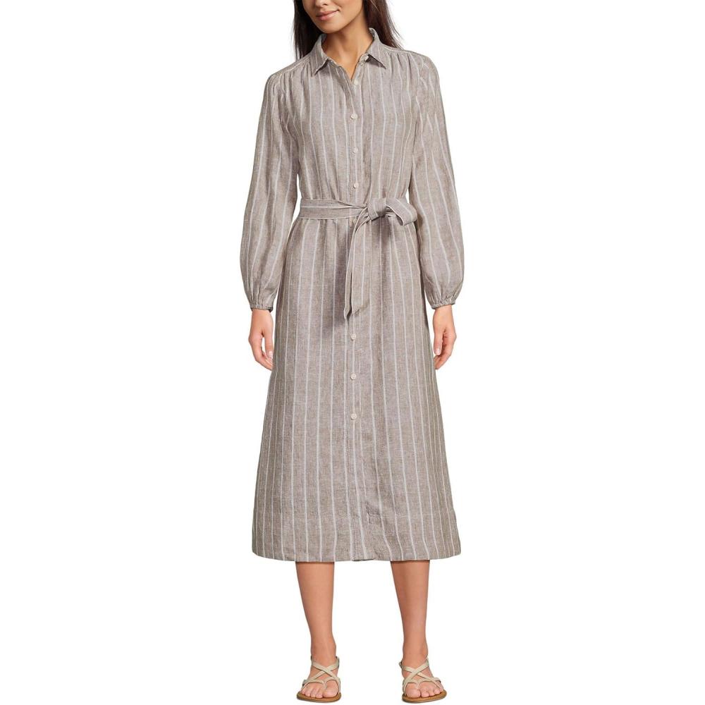 imageLands End Womens Linen Long Sleeve Midi Shirt DressToasted Rye Stripe