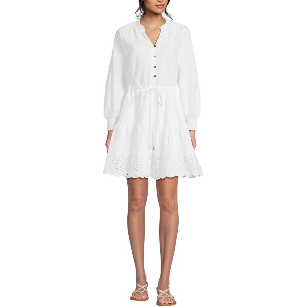 imageLands End Womens Long Sleeve Eyelet Mini Popover DressWhite Eyelet