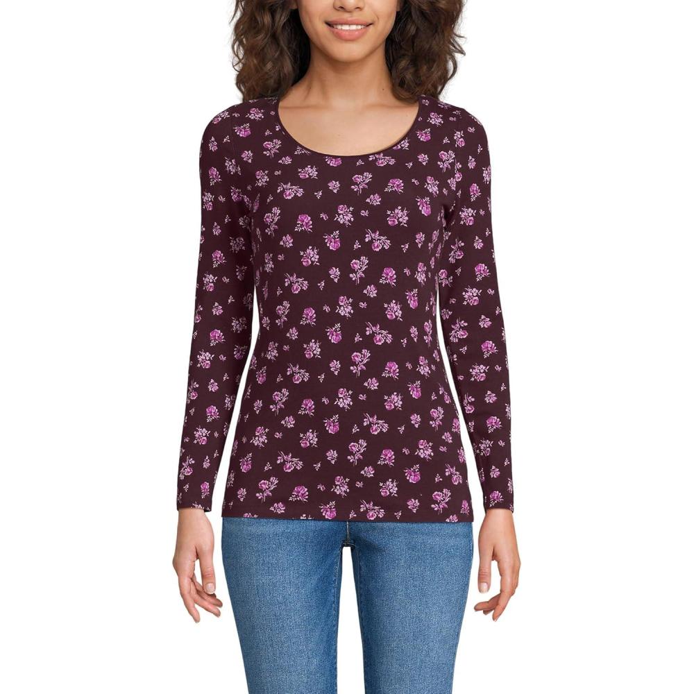 imageLands End Womens Long Sleeve Lightweight Jersey Scoop Neck TShirtLush Burgundy Dainty Floral