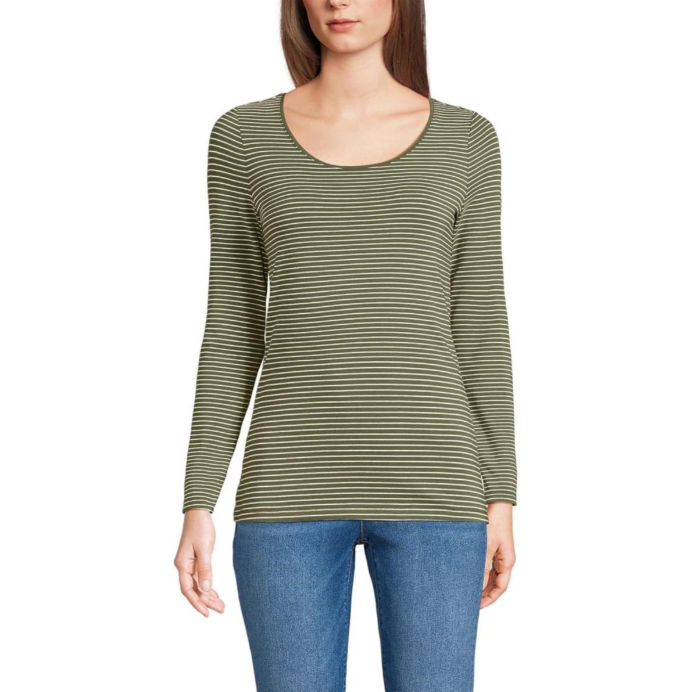 imageLands End Womens Long Sleeve Lightweight Jersey Scoop Neck TShirtOlive Drab Thin Stripe