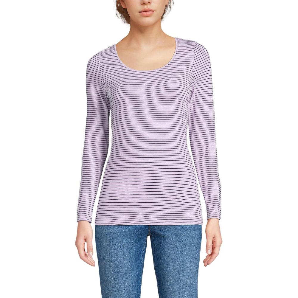 imageLands End Womens Long Sleeve Lightweight Jersey Scoop Neck TShirtWhisper LilacNavy Thin Stripe