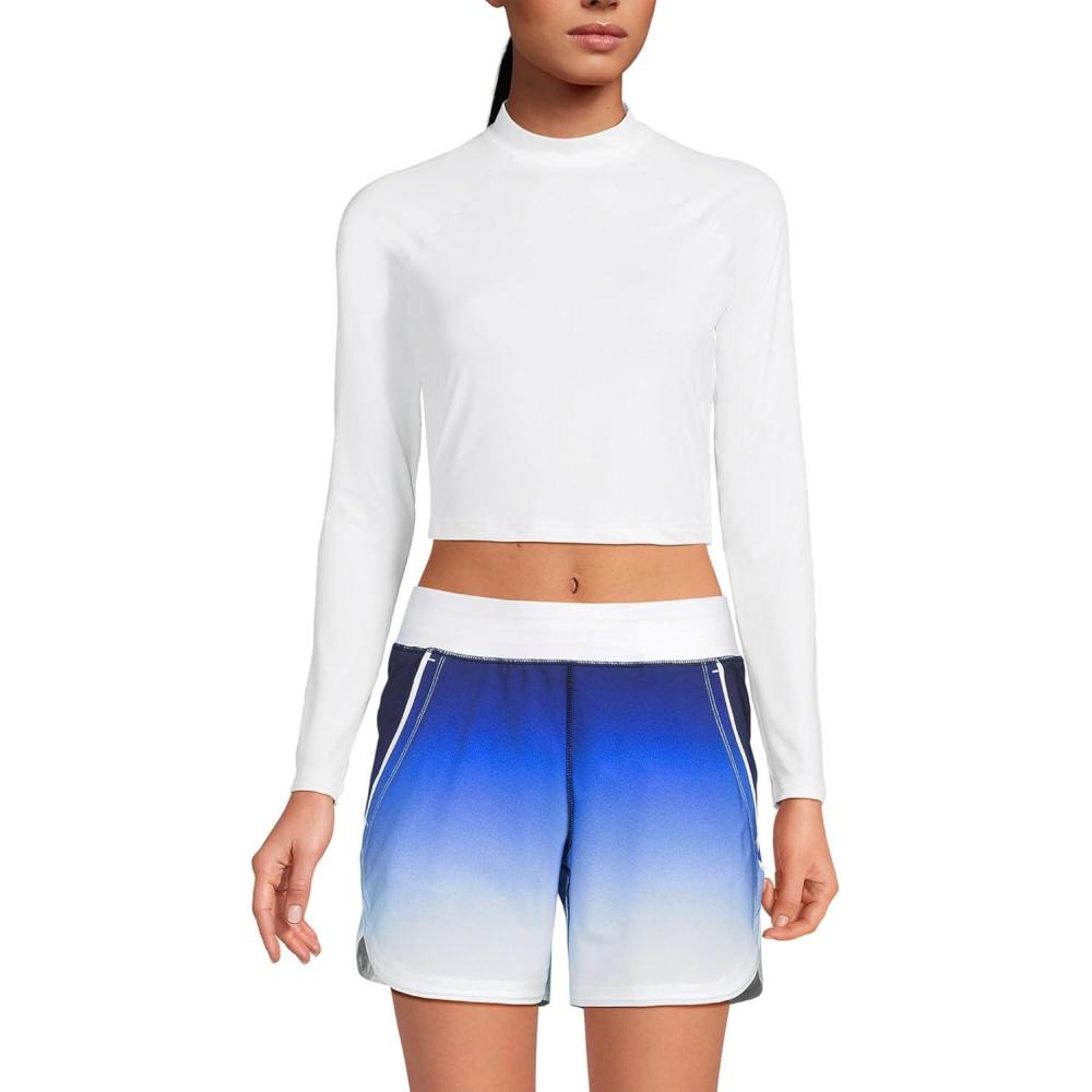 imageLands End Womens Long Sleeve Mock Neck Cropped UPF 50 Sun Protection Rash GuardWhite