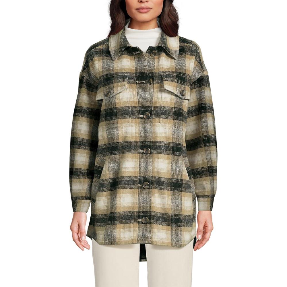 imageLands End Womens Menswear Shirt JacketBlackKhaki Plaid