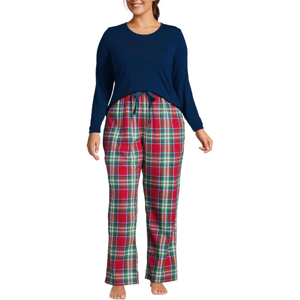 imageLands End Womens Pajama Set Knit Long Sleeve TShirt and Flannel PantsHeritage Red Plaid