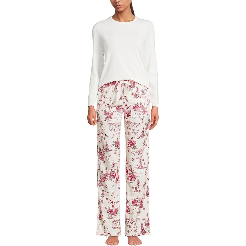 imageLands End Womens Pajama Set Knit Long Sleeve TShirt and Flannel PantsIvoryRed Winter Village