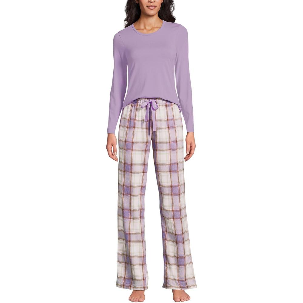 imageLands End Womens Pajama Set Knit Long Sleeve TShirt and Flannel PantsIvoryViolet Verbena Plaid