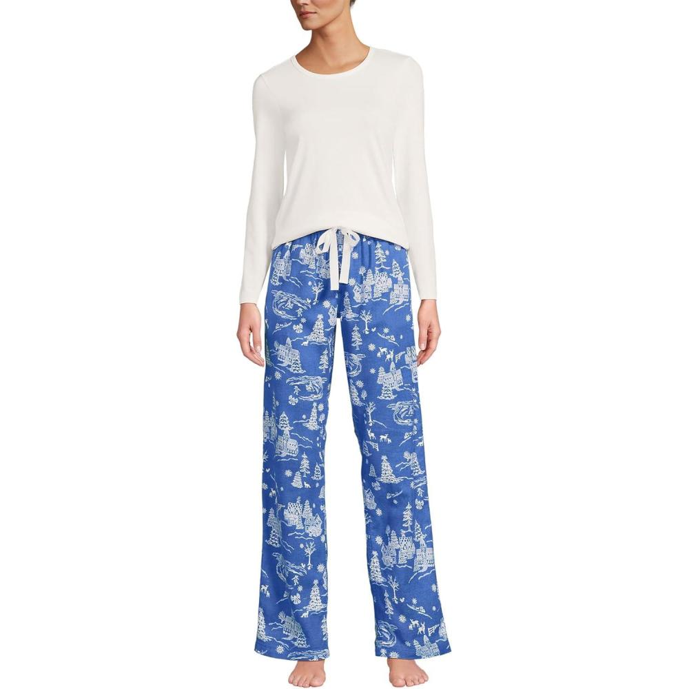 imageLands End Womens Pajama Set Knit Long Sleeve TShirt and Flannel PantsMuted Cobalt Winter Village