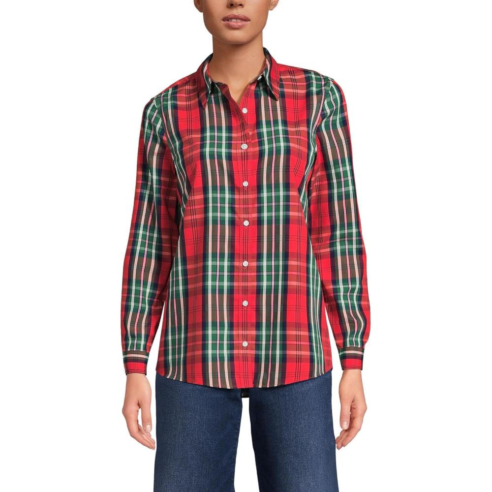 imageLands End Womens Pinwale Cord Long Sleeve ShirtCompass RedEmerald Plaid