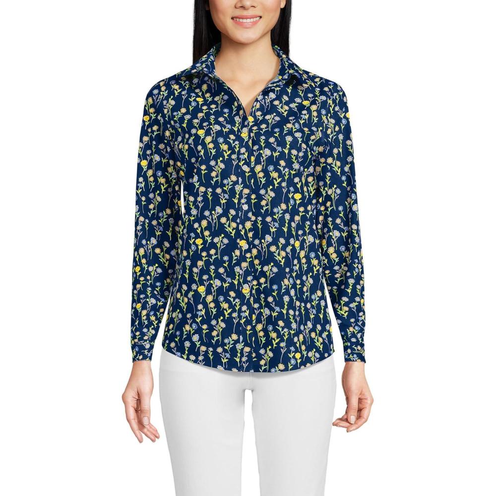 imageLands End Womens Pinwale Cord Long Sleeve ShirtDeep Sea Navy Daisies