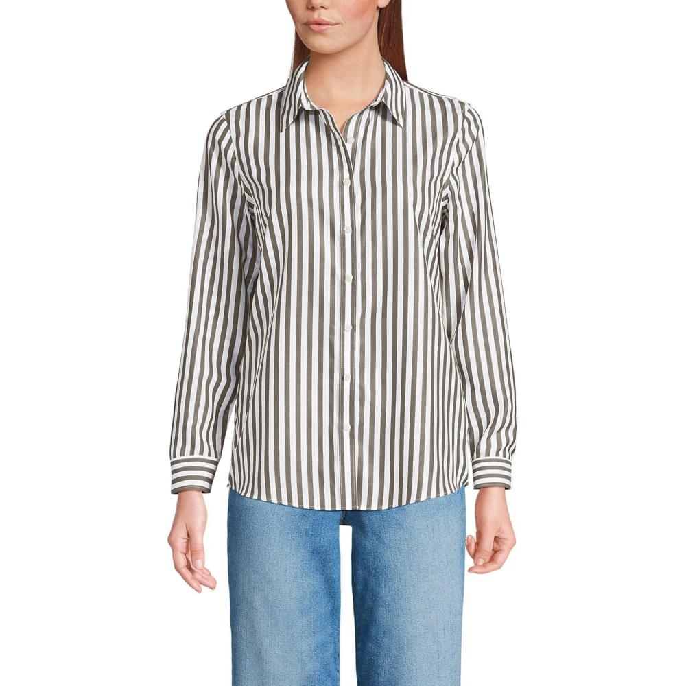 imageLands End Womens Pinwale Cord Long Sleeve ShirtOlive DrabWhite Stripe