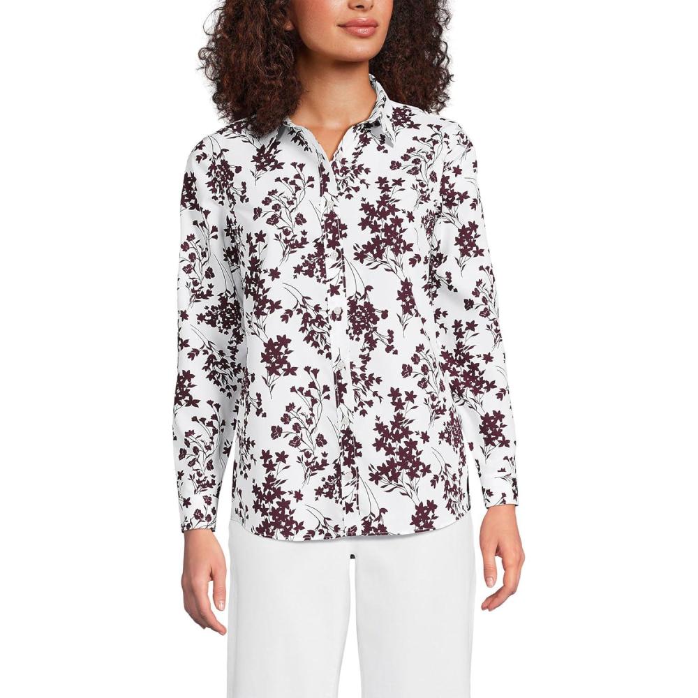 imageLands End Womens Pinwale Cord Long Sleeve ShirtWhiteLush Burgundy Floral