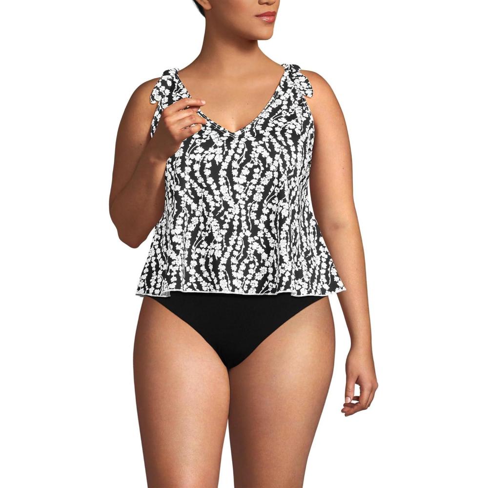 imageLands End Womens Plus Size DDCup Tie Shoulder Flutter Tankini TopBlackWhite Vine Floral