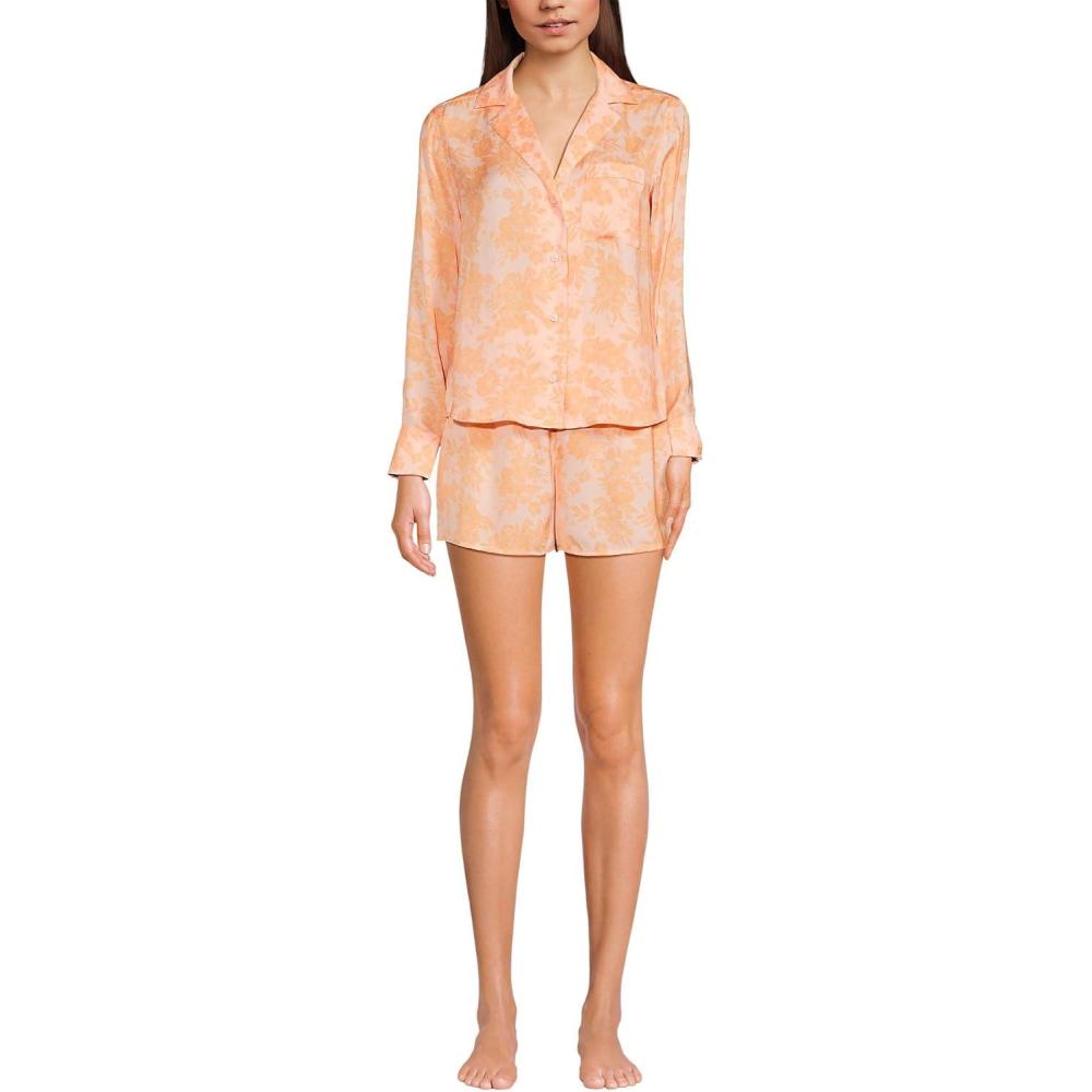 imageLands End Womens Plus Size Matte Satin 2 Piece Pajama Set  Long Sleeve Top and ShortsOrange Mist Romantic Floral
