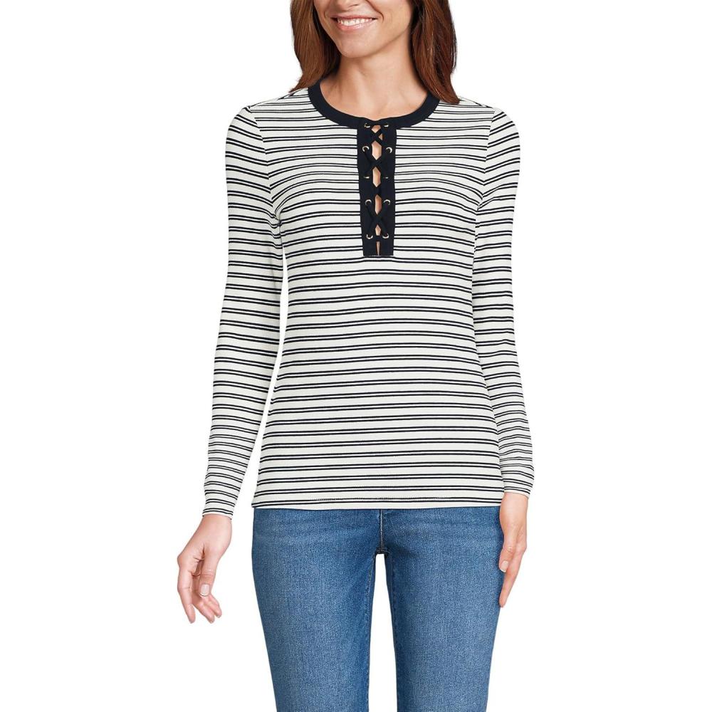 imageLands End Womens Polished Rib Tie Henley TopBlack Dual Stripe