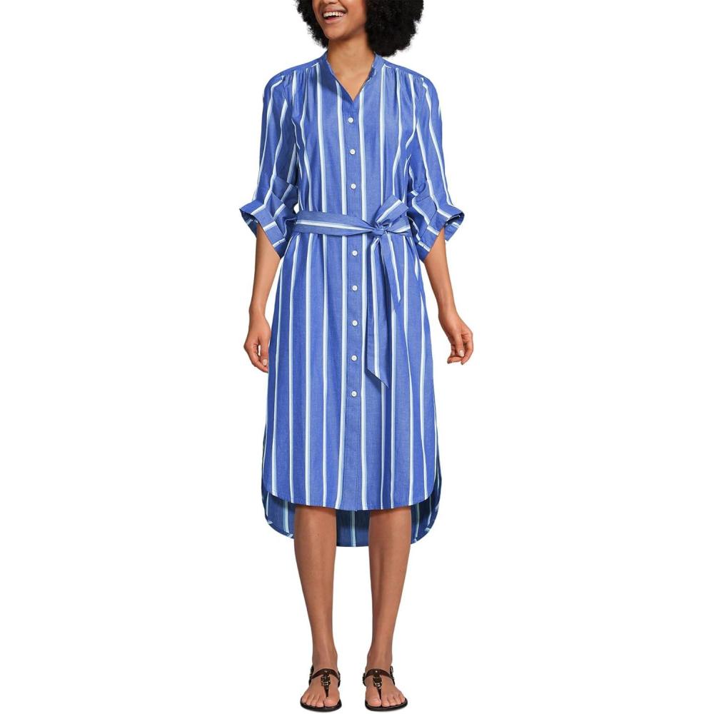 imageLands End Womens Poplin Oversized Puff Sleeve Midi Shirt DressBlueWhite Shadow Stripe