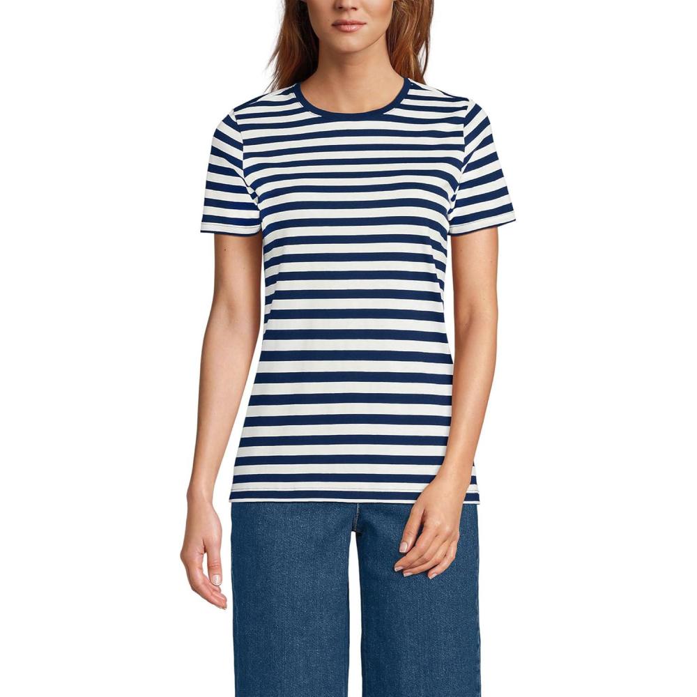 imageLands End Womens Relaxed AmericanGrown Supima Cotton Crew Neck TShirtDeep Sea Navy Even Stripe