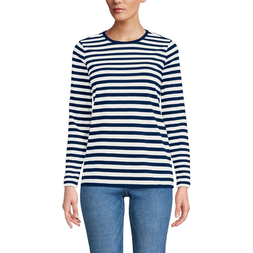 imageLands End Womens Relaxed AmericanGrown Supima Cotton Long Sleeve Crew Neck TShirtDeep Sea Navy Even Stripe