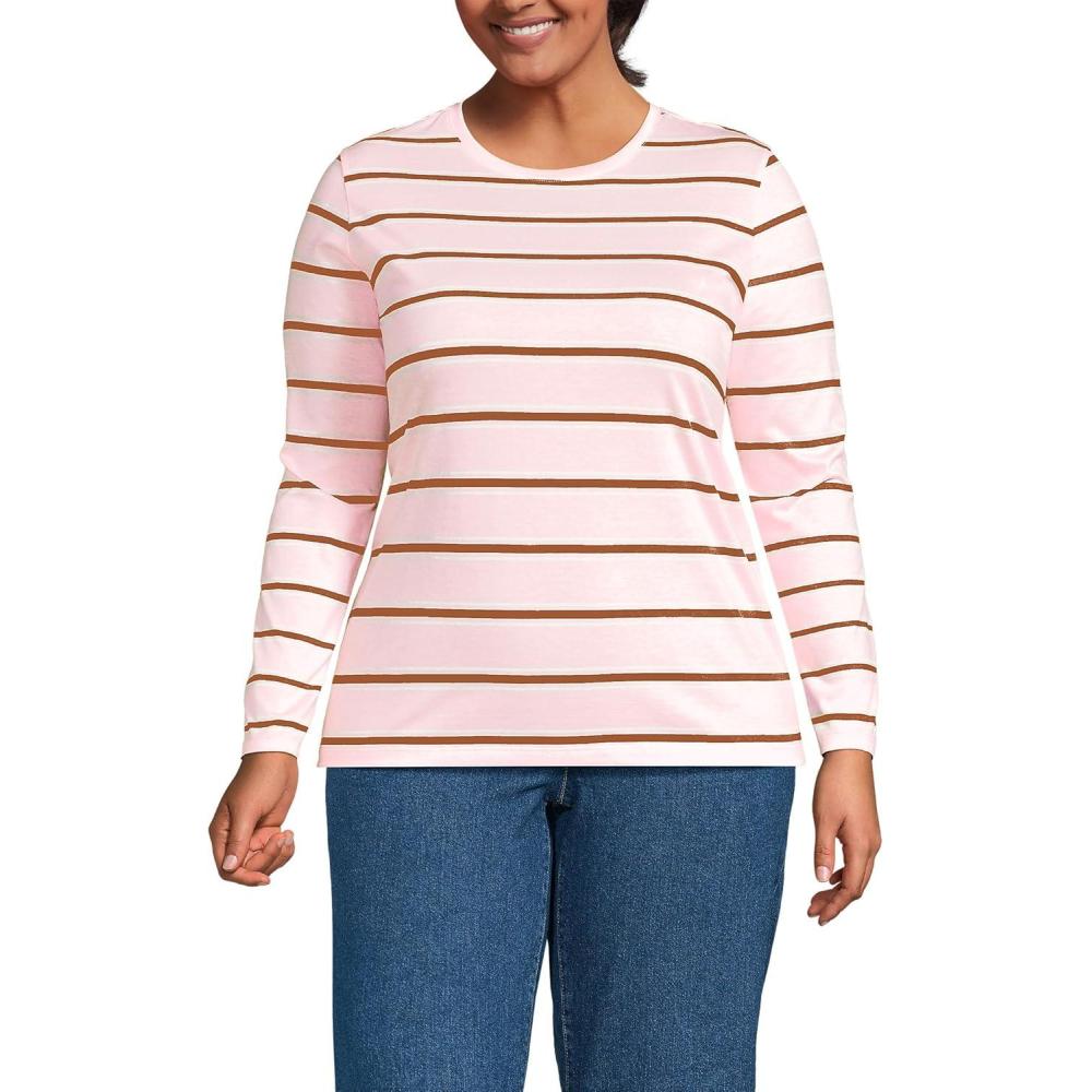 imageLands End Womens Relaxed AmericanGrown Supima Cotton Long Sleeve Crew Neck TShirtSea Salt PinkGinger Stripe