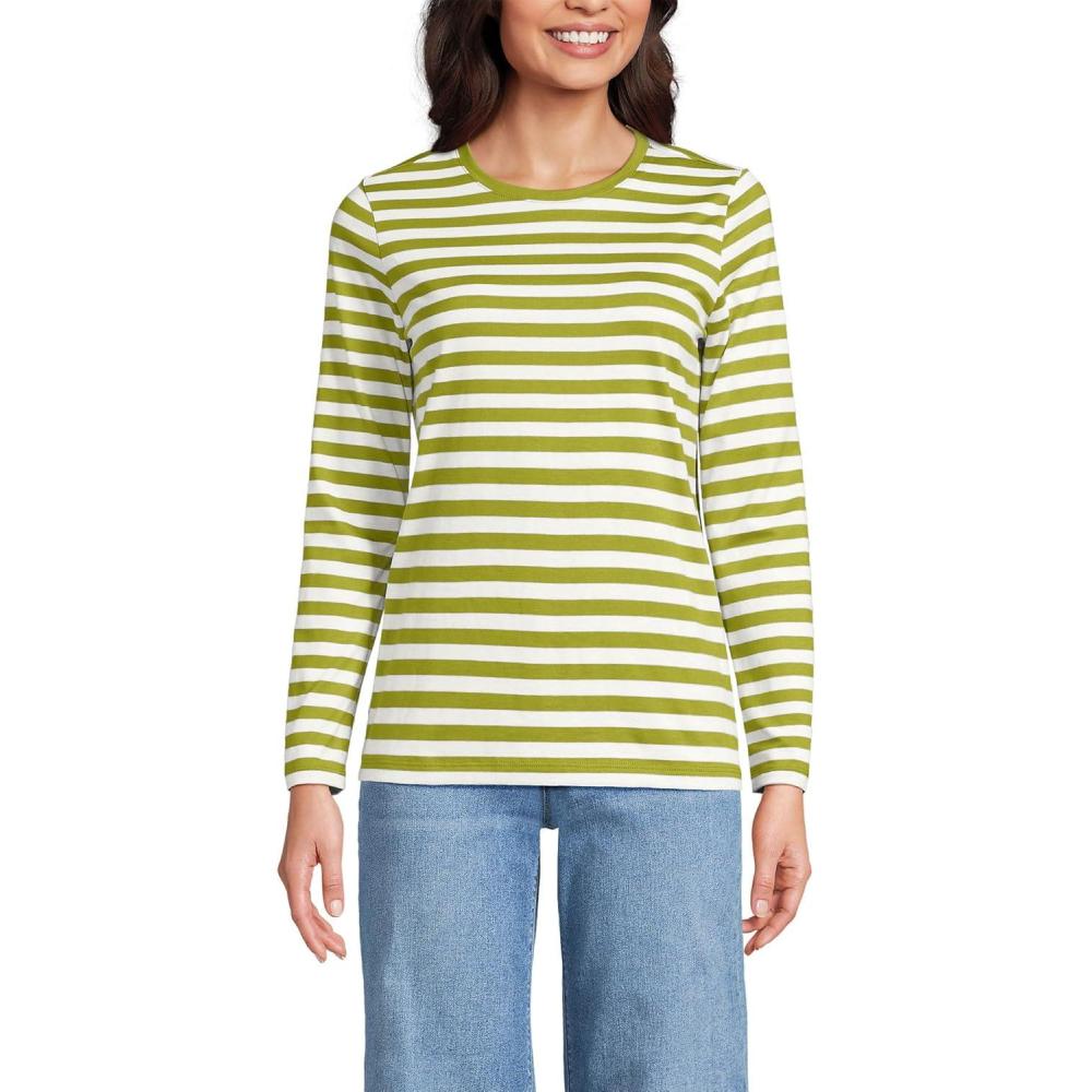 imageLands End Womens Relaxed AmericanGrown Supima Cotton Long Sleeve Crew Neck TShirtVintage Lime Even Stripe