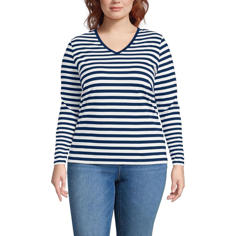 imageLands End Womens Relaxed AmericanGrown Supima Cotton Long Sleeve VNeck TShirtDeep Sea Navy Even Stripe