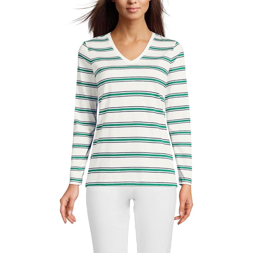 imageLands End Womens Relaxed AmericanGrown Supima Cotton Long Sleeve VNeck TShirtIvoryTrue Green Stripe