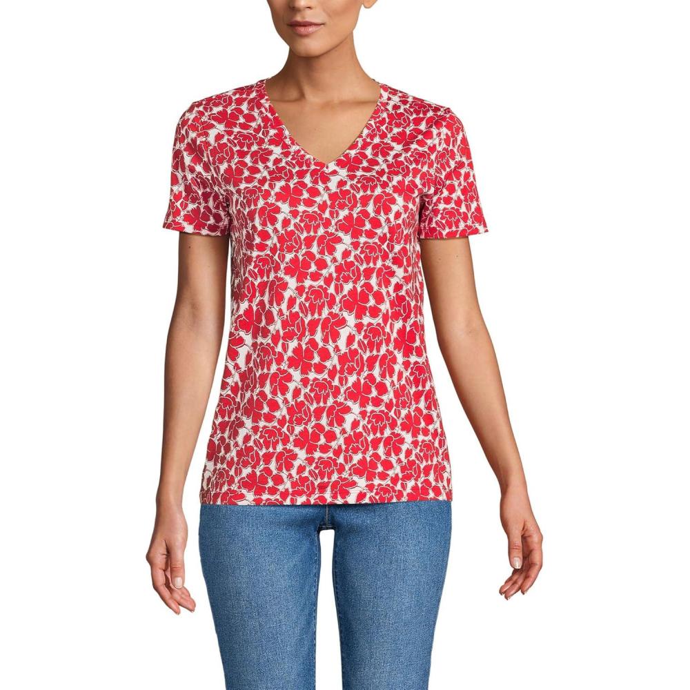 imageLands End Womens Relaxed AmericanGrown Supima Cotton VNeck TShirtCoral Red Tossed Floral