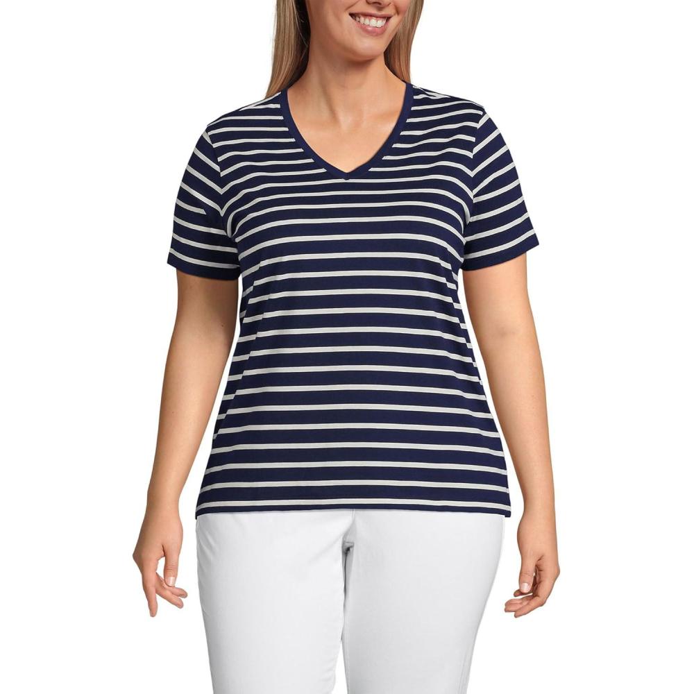 imageLands End Womens Relaxed AmericanGrown Supima Cotton VNeck TShirtDeep Sea Navy Breton Stripe
