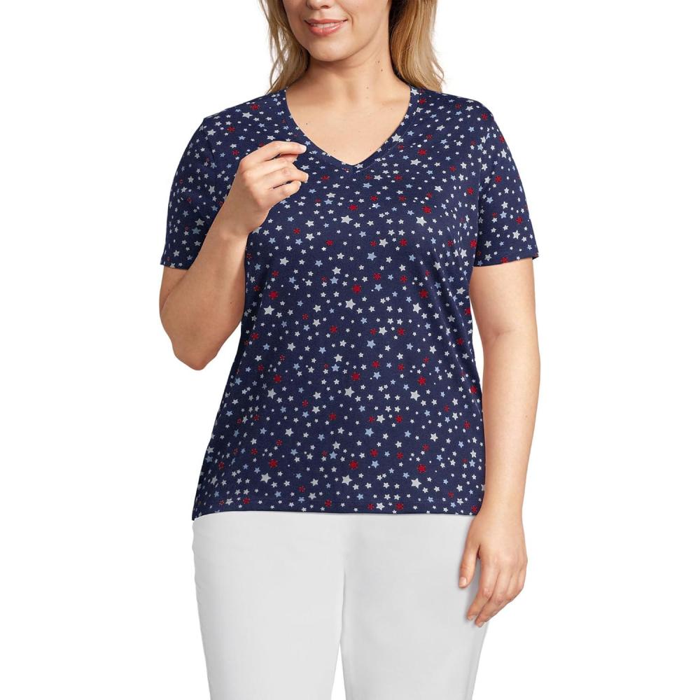imageLands End Womens Relaxed AmericanGrown Supima Cotton VNeck TShirtDeep Sea Navy Stars