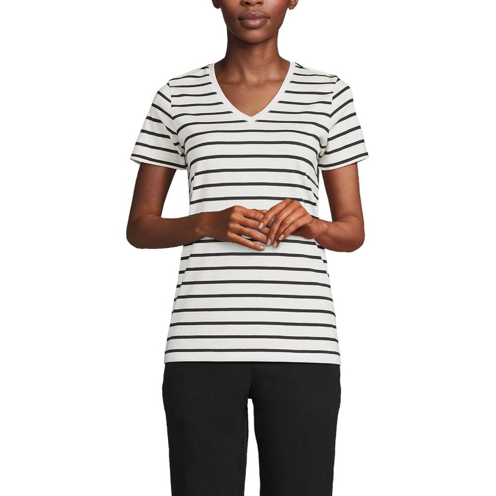 imageLands End Womens Relaxed AmericanGrown Supima Cotton VNeck TShirtIvoryBlack Breton Stripe