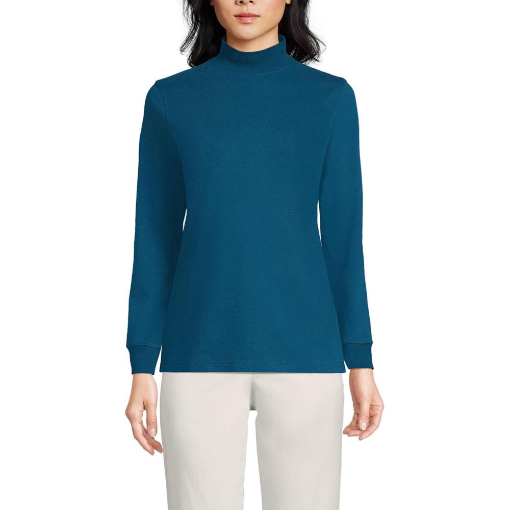 imageLands End Womens Relaxed Cotton Long Sleeve Mock Turtleneck ShirtBaltic Teal