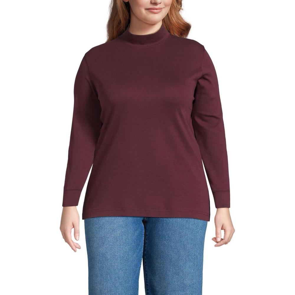 imageLands End Womens Relaxed Cotton Long Sleeve Mock Turtleneck ShirtLush Burgundy