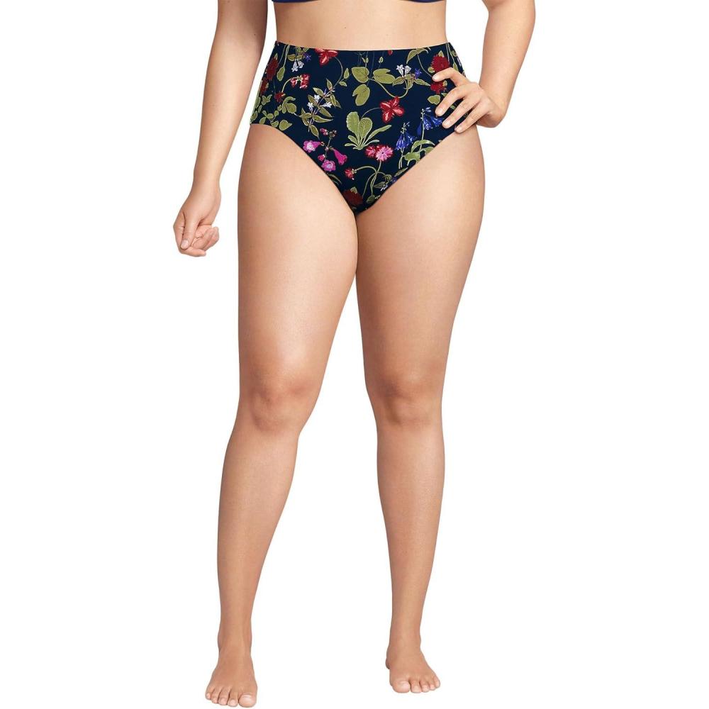 imageLands End Womens Ribbed Smoothing High Waisted Bikini BottomsDeep Sea Multi Garden Floral