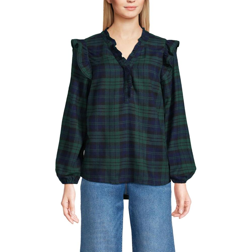 imageLands End Womens Ruffle Front Flannel Popover BlouseDeep Forest Blackwatch Plaid
