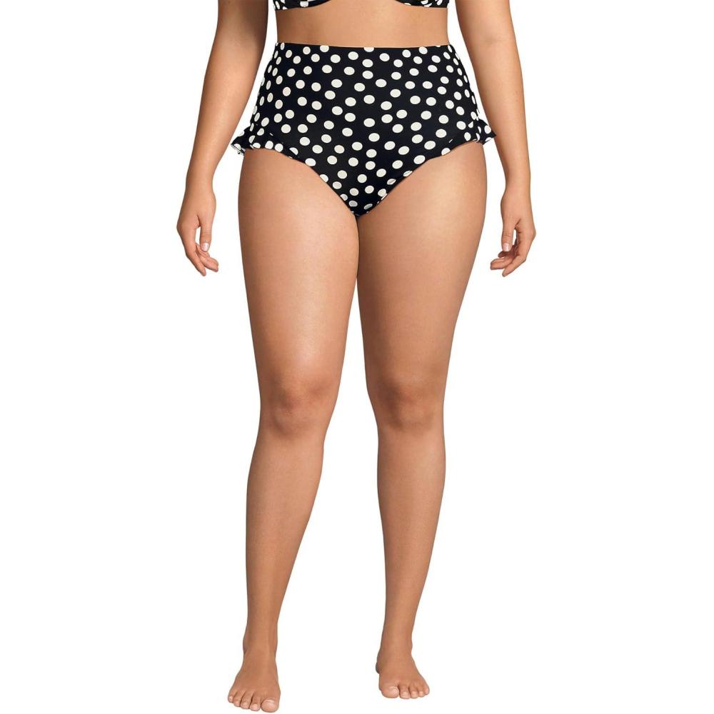 imageLands End Womens Ruffle High Waisted High Leg Bikini BottomsBlackEgret White Tossed Dots
