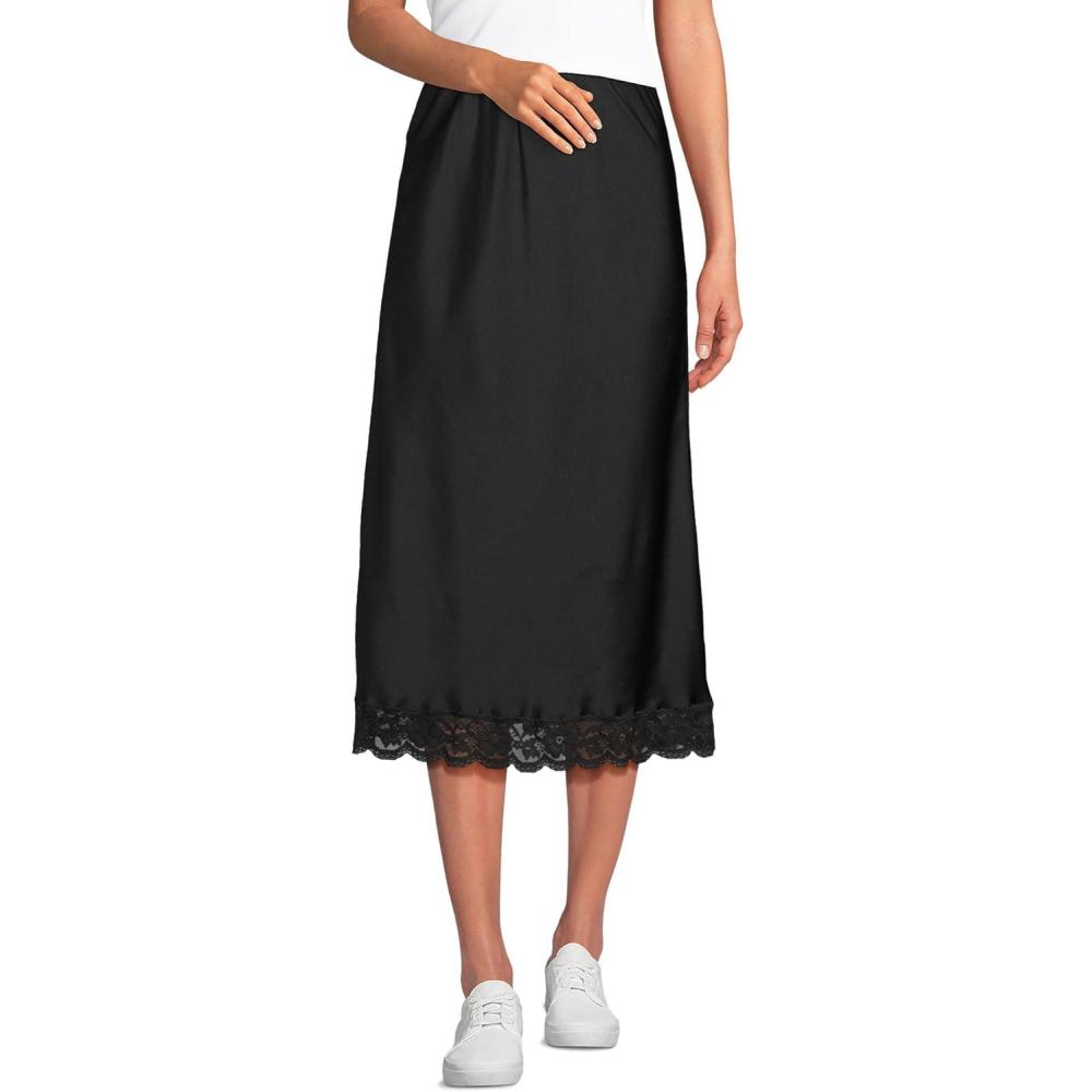 imageLands End Womens Satin Lace Trim Midi SkirtBlack