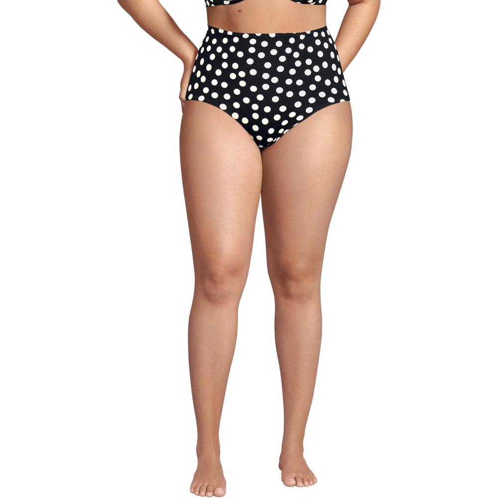 imageLands End Womens Sculpting Suit Chlorine Resistant Targeted Control Retro High Waisted Bikini Swim BottomsBlackEgret White Tossed Dots