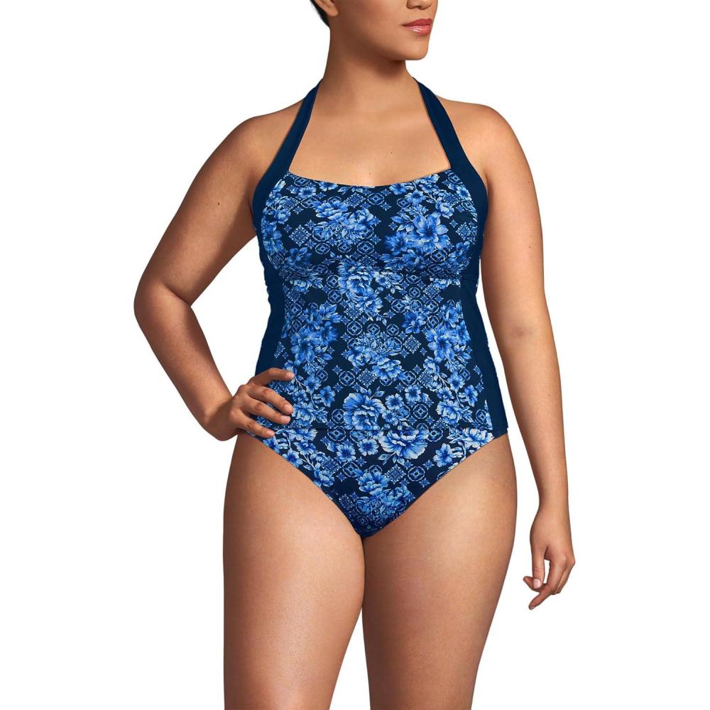 imageLands End Womens Seamed Halter Tankini TopDeep Sea Navy Mosaic Floral