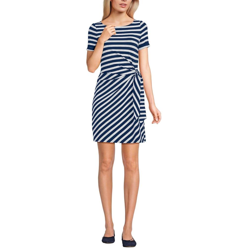 imageLands End Womens Short Sleeve Cotton Modal Wrap Mini DressDeep Sea Navy Quad Stripe